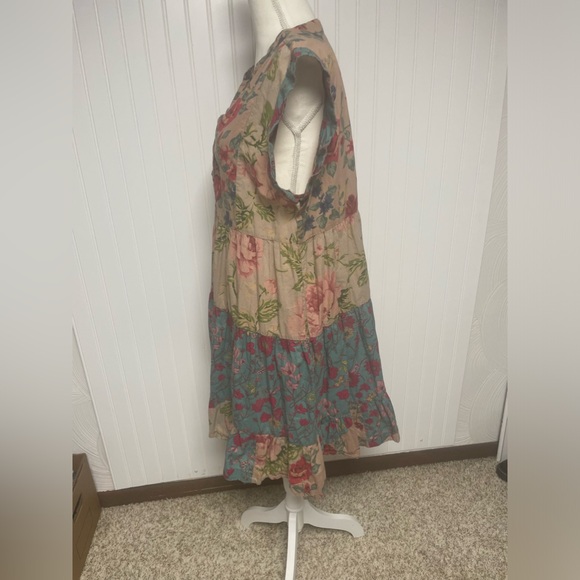 THML Anthropologie Boho Beige Floral V Neck Short Sleeve Dress Womens XL - Picture 5 of 10